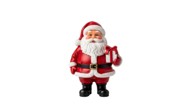 Santa Claus figure holding a gift in a festive setting during the holiday season. Isolated on transparent background, png - Powered by Adobe