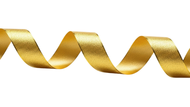 Gold ribbon twisted in waves on a white background showing its texture and shine. Isolated on transparent background, png - Powered by Adobe