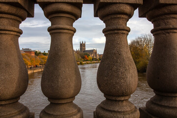 View of Worcester Cathedral from Worcester Bridge in the UK