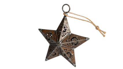 Decorative star shaped ornament hanging on a string with intricate cutouts for light display in home decor. Isolated on transparent background, png
