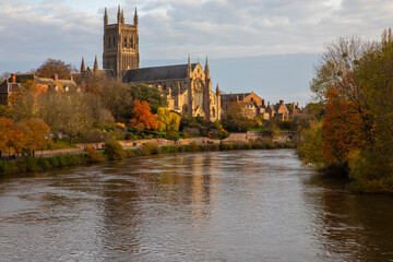 Worcester Cathedral and the River Severn in Worcester, UK