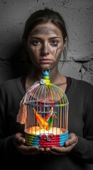 A weary woman, face marked by tears and grime, gently holds a glowing, vibrant cage with origami cranes, embodying the resilient spirit of refugees seeking freedom and a better life.