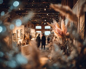 Fototapeta premium A Christmas craft fair interior shows artisan stalls decorated for the holidays. Authenticity, warmth, and joyful shopping.