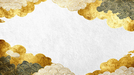和紙の背景にある金と黒の雲と波の和柄フレーム
