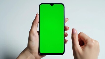 Woman's hand interacts with a smartphone featuring a vibrant green screen for content insertion