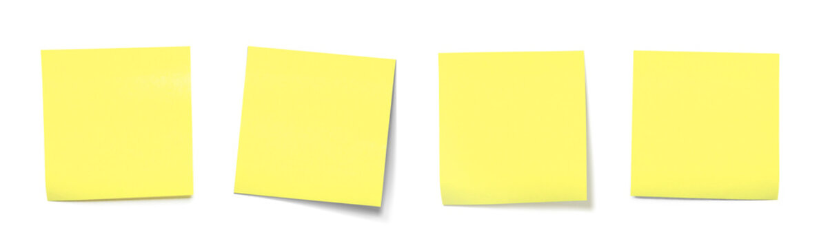 Four Yellow Sticky Notes in a Row on transparent Background for Office Organization and Planning