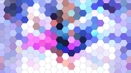 4K abstract hexagon mosaic background in blue, purple, pink, and white tones, featuring a geometric honeycomb pattern with pixelated texture &mdash; perfect for modern designs, digital wallpapers, etc.