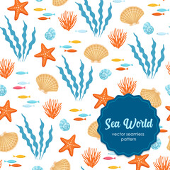 Vector seamless undersea pattern with starfish, seashells, colorful fish, coral and seaweed on a white background &mdash; ocean marine life illustration for summer designs.