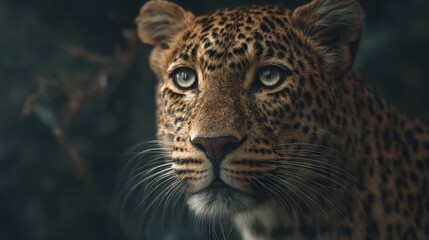 Fototapeta premium Intense gaze of a leopard highlighting its captivating eyes in low light