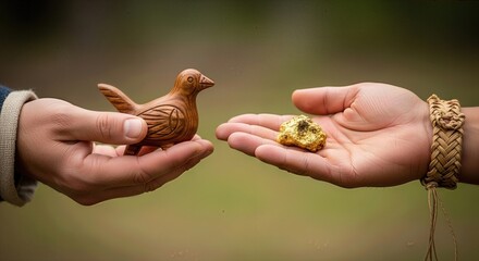 Native American and European hands exchange carved bird for gold nugget symbolizing first contact and initial cultural interaction during early voyages of discovery.
