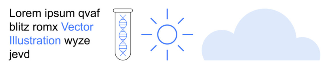 Science research, weather forecast, renewable energy, environmental study, climate change, technology. Test tube with DNA, sun icon and cloud shape. Science research and weather forecast concepts