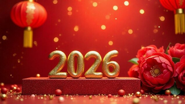 Gold "2026" numbers on red pedestal with chinese lanterns and flowers, red background - Chinese new year greeting, Lunar festival stage prosperity celebration and traditional Asian holiday concept - Powered by Adobe