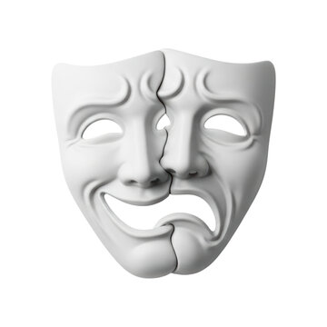 White theatrical mask split showing both comedy and tragedy expressions, representing the duality of human emotions and dramatic arts