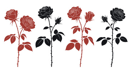 Silhouette of red and black roses with leaves and thorns on white background flower