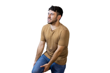 Man experiencing knee pain on isolated background. PNG