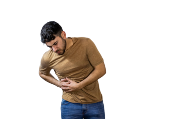 Young man suffering from abdominal pain on white background. PNG