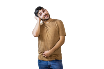 Young man touching head and stomach feeling confused and uncomfortable. PNG