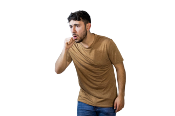 Young man coughing on isolated white background. PNG