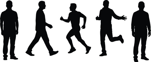 Five black male silhouettes showing different poses and activities person human