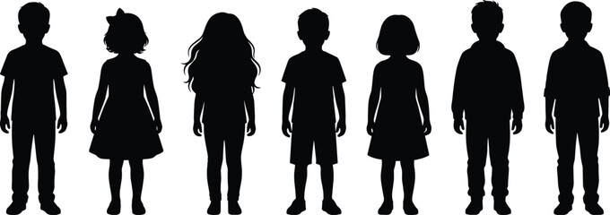 Diverse group of seven children silhouettes standing side by side kids diversity