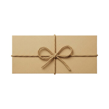 Rectangular brown cardboard gift box tied with natural jute string and a neat bow on top, presented in a simple, rustic, and eco-friendly style from a flat lay view