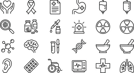 Collection of medical and healthcare line art icons science
