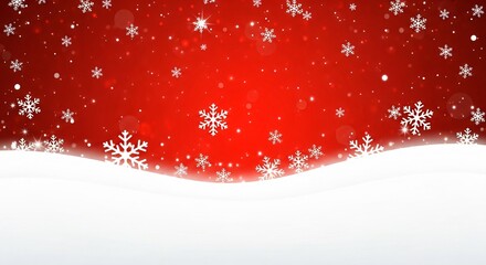 Festive red background with falling snowflakes and snowy foreground, perfect for holiday greetings and winter themes