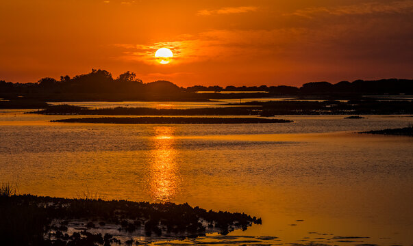 Sun set at Cedar Kay, Florida with the land silhouetted against an orange sky and the sun reflected on the water.