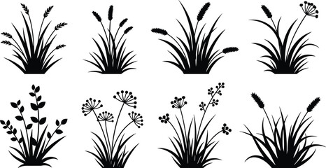 Collection of black silhouette grass and plant illustrations on white background © Obaidul Vector Zoon