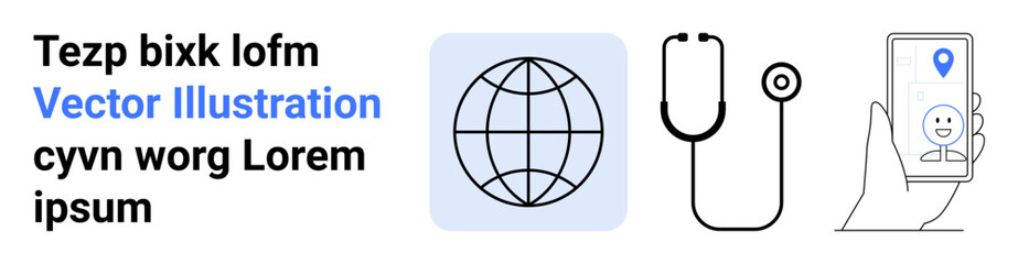Digital health, global communication, telemedicine solutions, online diagnosis, mobile healthcare, technology. Globe, stethoscope and hand holding a smartphone. Digital health and global