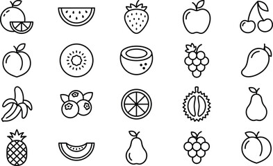 Collection of black and white line art fruit icons on white background illustration
