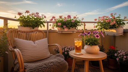 Fototapeta premium Cozy balcony with flowers and iced tea in warm sunset glow
