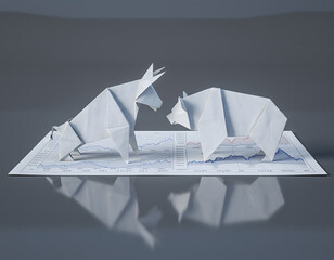 Two polygonal bull and bear sculptures face off on a smooth shiny floor, the picture symbolizes stock market tension and shifting economic sentiment.