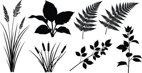 Black silhouette collection of various plants and leaves on white background leaf