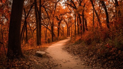 Obraz premium Winding forest path bathed in warm autumn light.