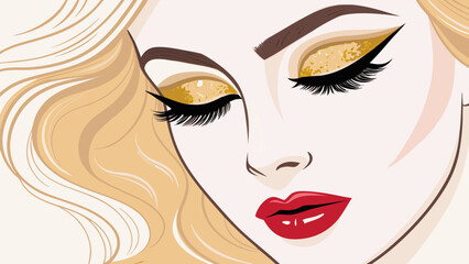 Fashion illustration of a woman's face with stunning eyes, styled hair, and glamour makeup