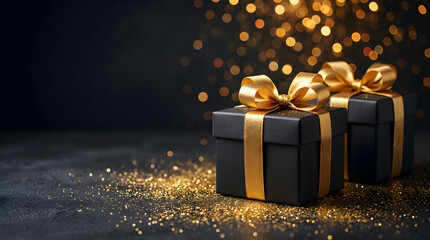 Gift boxes wrapped with a sparkling ribbon sits on a festive surface, surrounded by soft lights and scattered glitter, for Christmas holiday atmosphere.