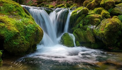 Fototapeta premium rustic waterfall cascading over moss covered rocks