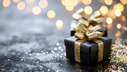 Gift boxes wrapped with a sparkling ribbon sits on a festive surface, surrounded by soft lights and scattered glitter, for Christmas holiday atmosphere.