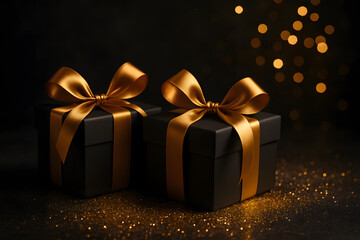 Gift boxes wrapped with a sparkling ribbon sits on a festive surface, surrounded by soft lights and scattered glitter, for Christmas holiday atmosphere.
