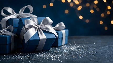 Christmas gift boxes wrapped with a sparkling ribbon sits on a festive surface, surrounded by soft lights and scattered glitter, creating a warm and elegant holiday atmosphere.
