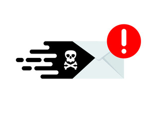 Virus, malware, email fraud, e-mail spam. Email envelope with document and skull and bones and red sign. Concept of virus, piracy, hacking and security. Virus, malware, email fraud, e-mail spam