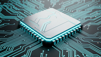 ネオン光で青くきらきら光る回路が基板上を走り、なめらかな質感とともに未来的な雰囲気を演出するCG表現です。テクノロジーの進歩や希望を象徴