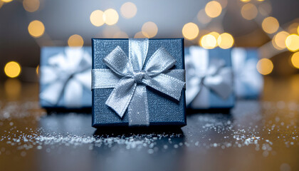 Christmas gift boxes wrapped with a sparkling ribbon sits on a festive surface, surrounded by soft lights and scattered glitter, creating a warm and elegant holiday atmosphere.