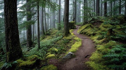 Fototapeta premium A winding path leads through a mossy, misty evergreen forest.