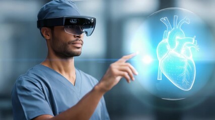 Doctor wearing AR headset manipulates digital heart model, showcasing advanced medical visualization tools. Innovative technology transforms healthcare training, diagnostics in high tech environment - Powered by Adobe
