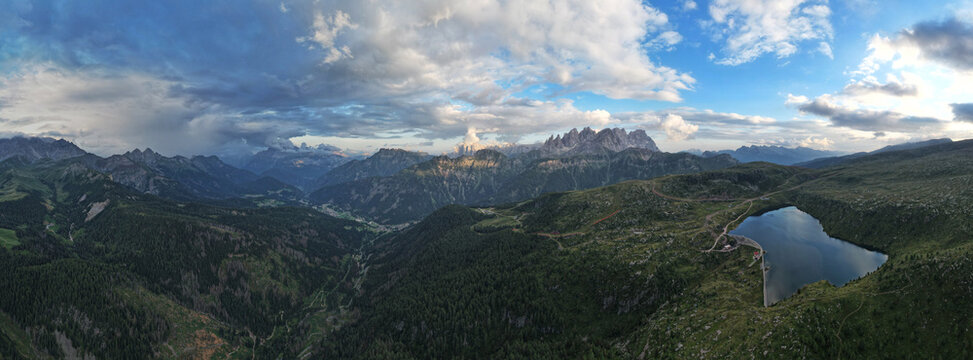 Panoramic Aerial View of the Dolomites and Lake at Passo Costalunga