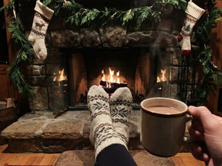 Obraz premium Relaxing in cozy socks with feet up by a fireplace at Christmas.