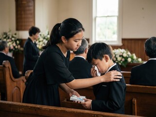 Caring sister comforting her grieving brother during a funeral service in church.