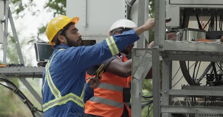Telecom engineer and technician inspect communication equipment during network maintenance and upgrade operation. Infrastructure inspection, troubleshooting, cable management for reliable connectivity